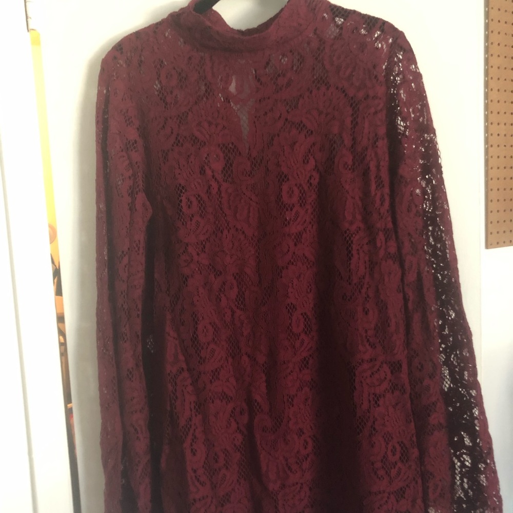 Burgundy lace illusion sleeve shift dress